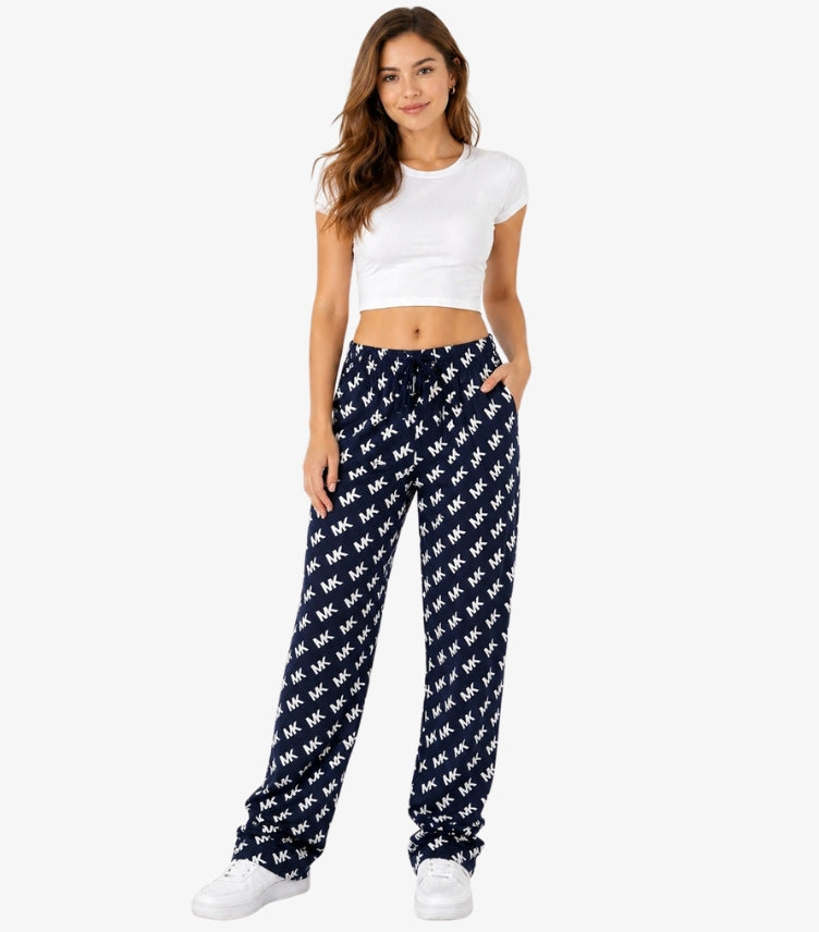 MICHAEL KORS WOMEN’S MK LOGO PRINT LOUNGE TROUSERS – NAVY BLUE