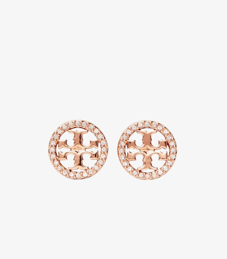Front view of Tory Burch rose gold-tone round Miller stud earrings with Double T logos and clear crystal borders