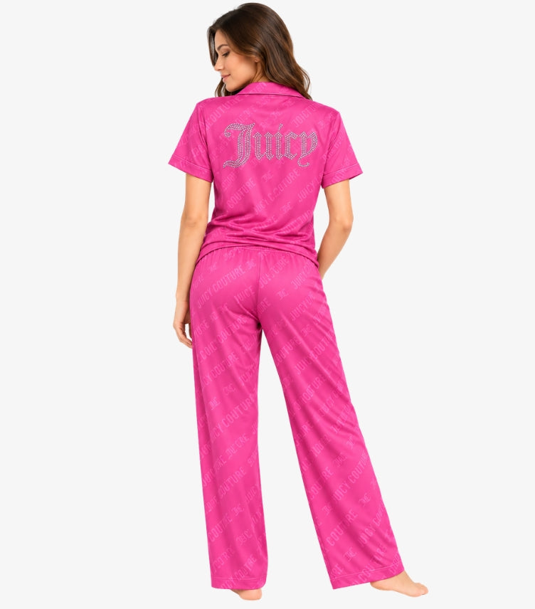 Back view of Juicy Couture women’s logo pyjama set with wide-leg trousers and large sparkling Juicy back detail