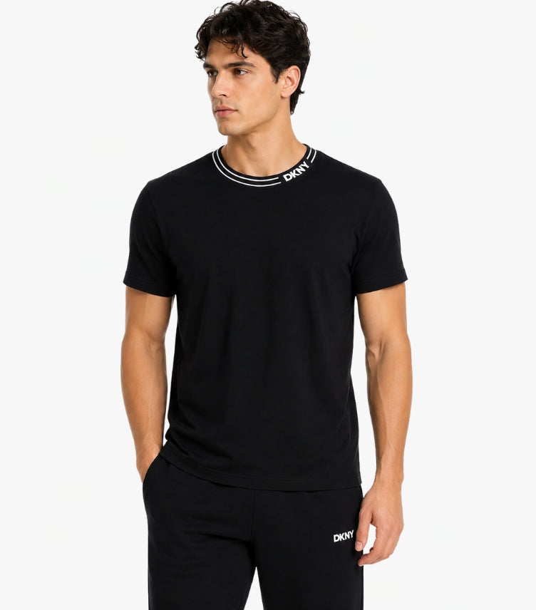 DKNY men's black crew-neck t-shirt with logo ribbed collar - front view