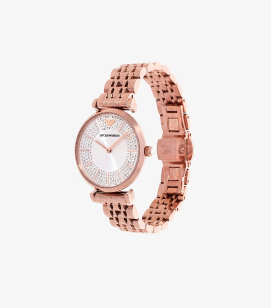 EMPORIO ARMANI TWO-HAND ROSE GOLD-TONE STAINLESS STEEL WATCH AR11446