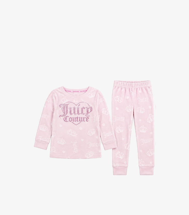 Juicy Couture girls long sleeve top and matching joggers set featuring sparkling front logo, all-over crown and Juicy lettering print with ribbed cuffs.