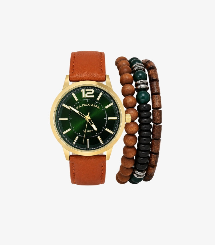 U.S. POLO ASSN. LEATHER STRAP QUARTZ WATCH SET