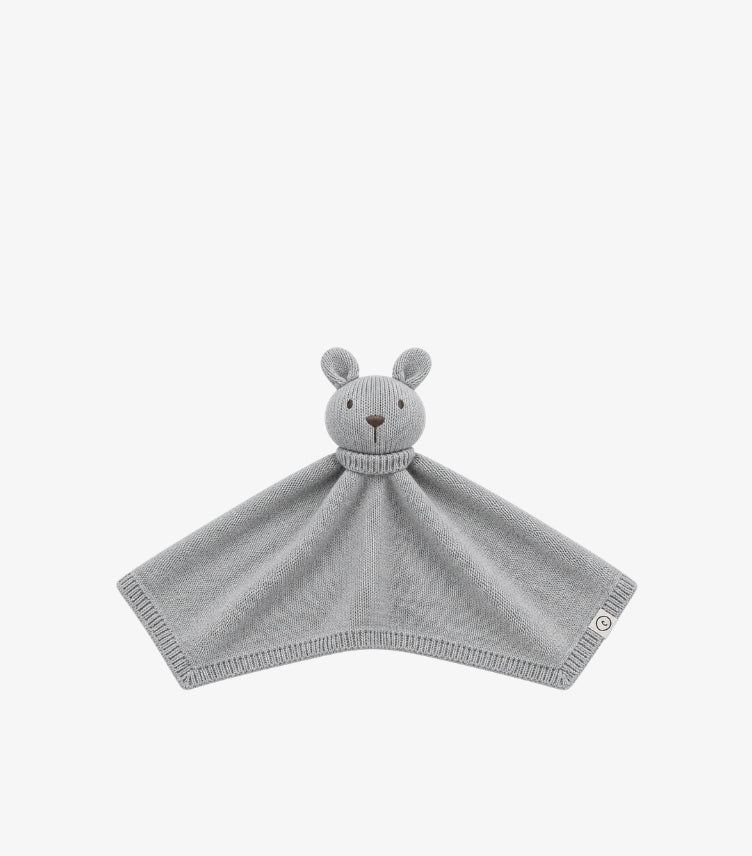 Little Planet baby bunny knitted security blanket lovey toy featuring a rabbit head with rounded ears, embroidered facial details and ribbed knit blanket edging.