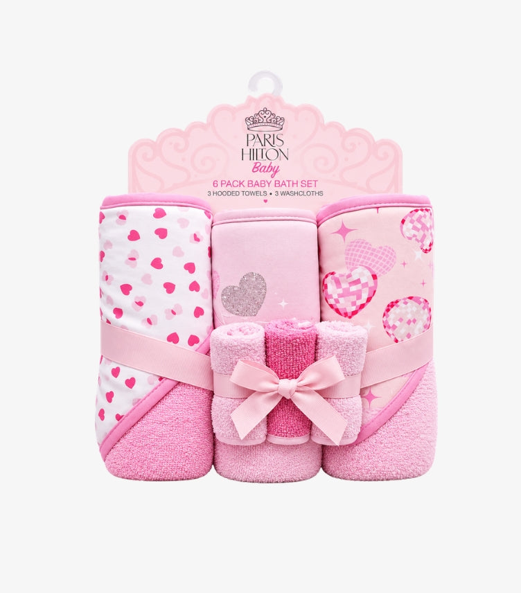 Paris Hilton Baby 6-piece hooded towel and washcloth gift set featuring heart prints and ribbon packaging