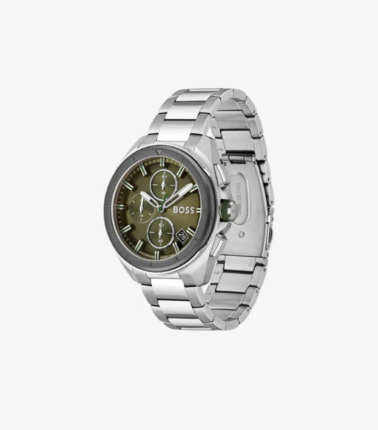 HUGO BOSS SILVER STAINLESS STEEL GREEN DIAL WATCH 1513951