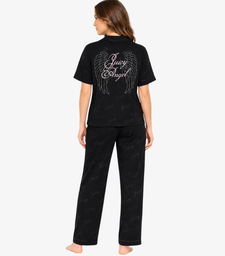 Juicy Couture Women's Black Satin Pajama Set featuring a large Juicy Angel wing design on the back, subtle all-over Juicy logo print and matching trousers.