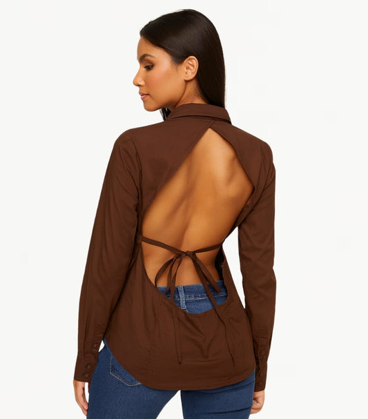 H&M WOMEN'S SOLID BROWN LONG-SLEEVE TOP WITH AN OPEN, TIE-BACK DESIGN