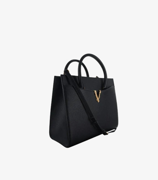 VERSACE LARGE GRAINED CALFSKIN VIRTUS TOP HANDLE SATCHEL