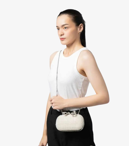 SELF-PORTRAIT BOUCLE CREAM BOW CLUTCH BAG