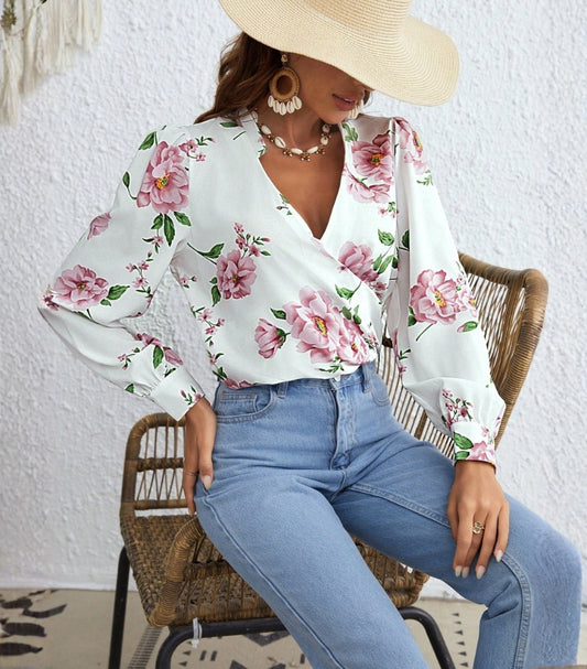 SHEIN FLORAL PRINT LANTERN SLEEVE CROP BLOUSE