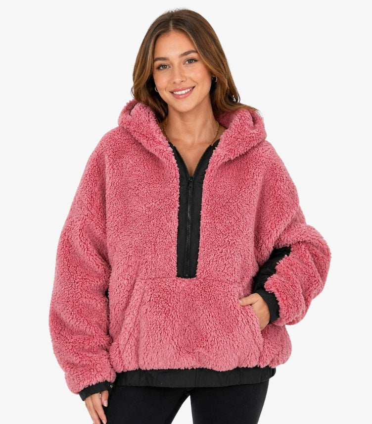 CALVIN KLEIN WOMEN’S PINK TEDDY FLEECE HOODED JACKET