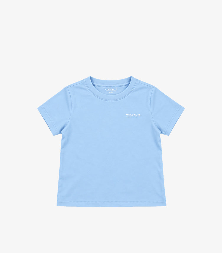 Front view of McKenzie boys’ light blue short-sleeve crew-neck T-shirt with a small white sportswear chest logo