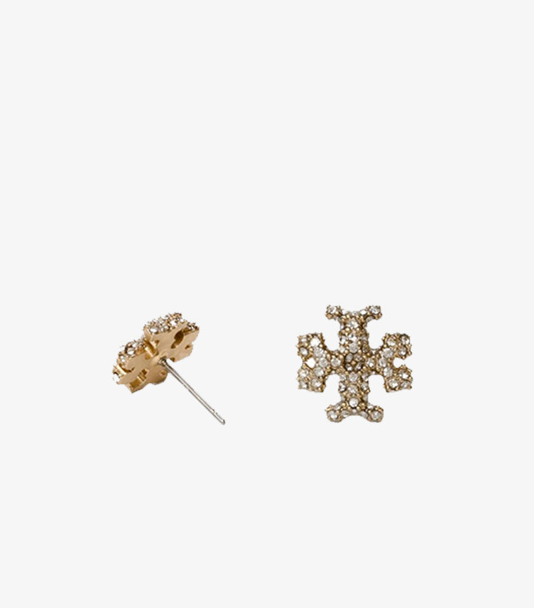 TORY BURCH CRYSTAL LOGO STUD EARRINGS – GOLD TONE