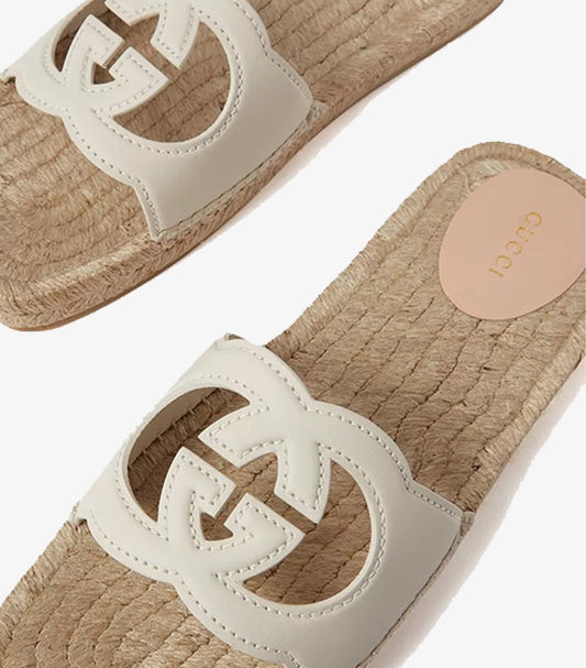 GUCCI NATY INTERLOCKING G CUT-OUT ESPADRILLE SLIDES IN LEATHER