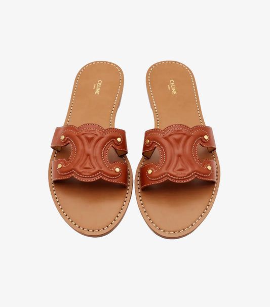 CELINE TRIOMPHE LEATHER FLAT SLIDES – TAN