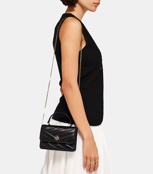 TORY BURCH MINI KIRA CHEVRON TOP HANDLE CHAIN WALLET BLACK 152356