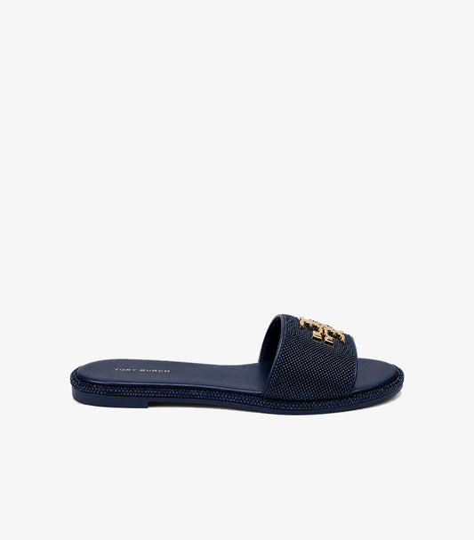 Tory Burch Women's Navy Crystal Miller Slide Sandal Side View with Signature Double-T Logo