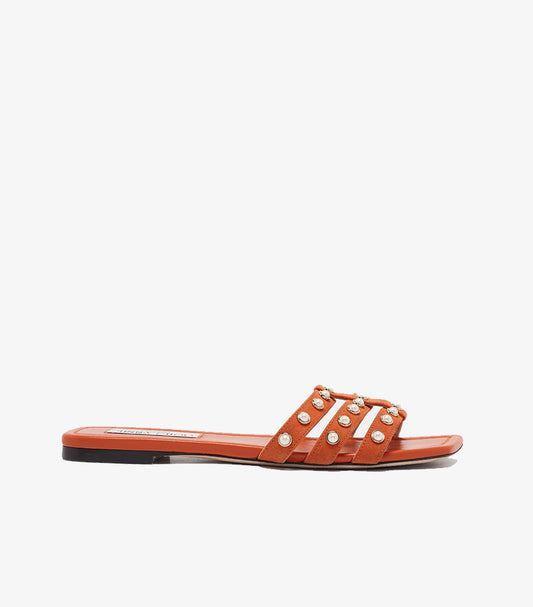 JIMMY CHOO WOMEN’S PEARL-STUDDED ORANGE SLIDES