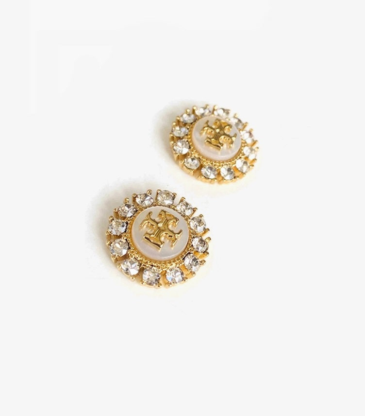 TORY BURCH KIRA CRYSTAL & MOTHER OF PEARL LOGO STUD EARRINGS