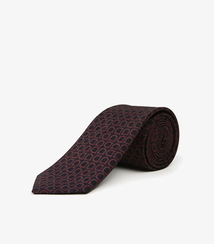 SALVATORE FERRAGAMO BURGUNDY AND BLACK GANCINI PRINT SILK TIE