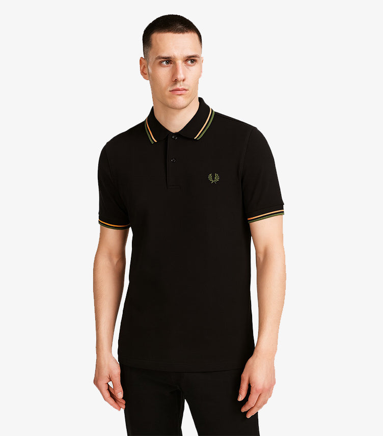 FRED PERRY TWIN TIPPED POLO SHIRT | BLACK, ORANGE & GREEN