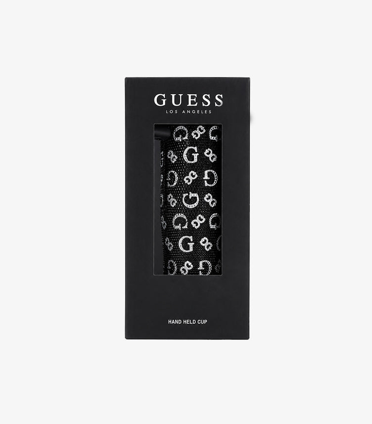 Guess black rhinestone logo hand-held cup displayed in branded Los Angeles retail packaging