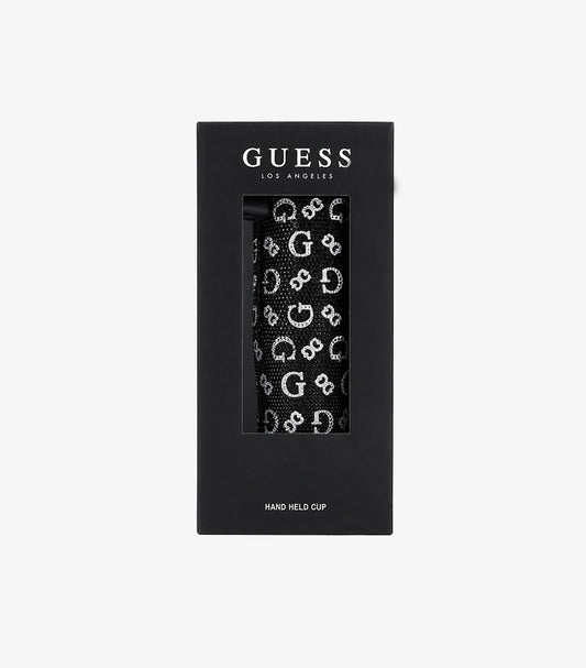 Guess black rhinestone logo hand-held cup displayed in branded Los Angeles retail packaging