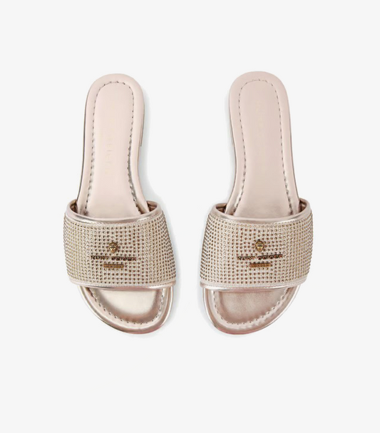 Kurt Geiger London Greenwich Flat Sandal in Beige with Gold Crystal Embellished Toe Strap and Antiqued Brass KGL Logo – Front Product View
