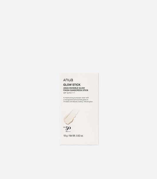 Anua Glow Stick SPF 50 PA++++ 18g White Product Box with Texture Swatch Showing Transparent Invisible Formula for Dewy Natural Glow Finish – K-Beauty Korean Sunscreen Stick