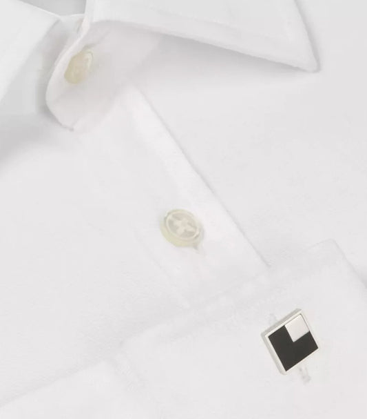 Montblanc black square cufflinks worn on white dress shirt