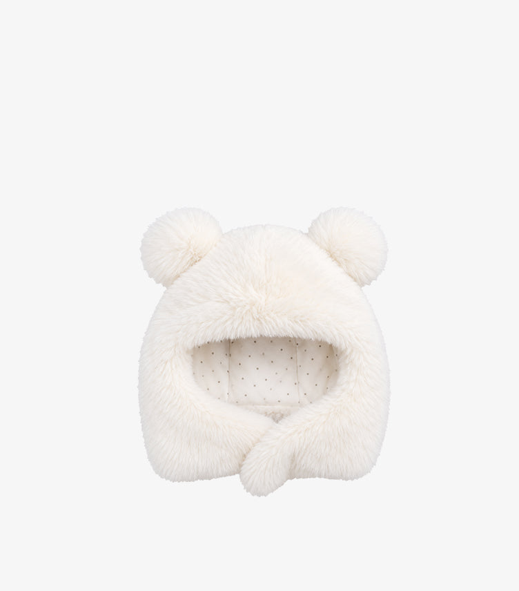 Front view of Zara baby ivory plush trapper hat with rounded bear ears, extended ear flaps and patterned lining