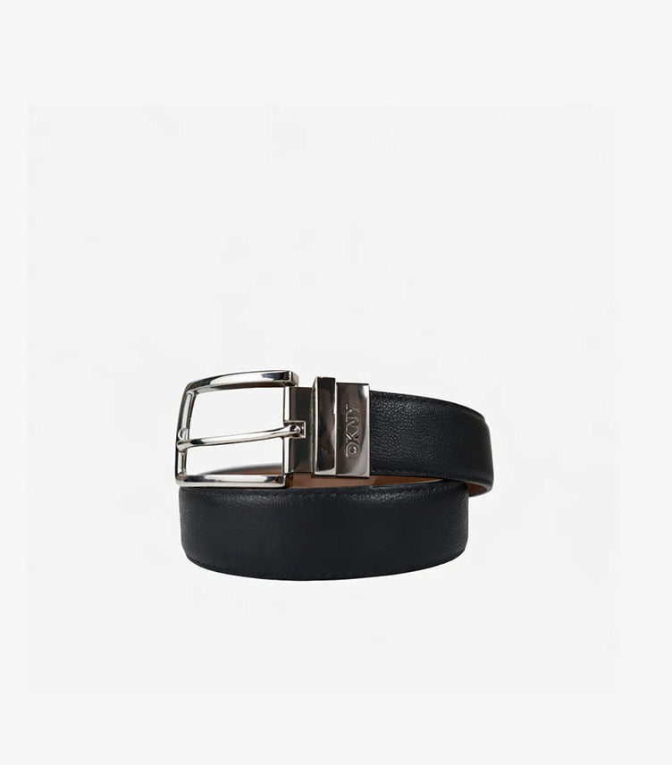 DKNY CLASSIC LEATHER REVERSIBLE BELT WITH SILVER BUCKLE – BLACK
