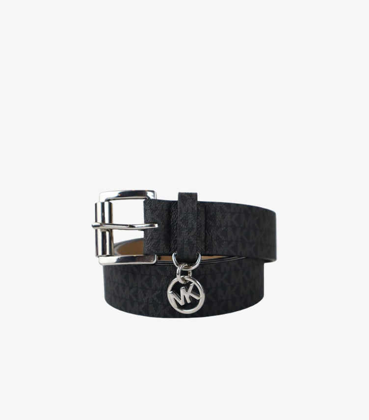 MICHAEL KORS SIGNATURE LOGO BELT WITH MK CHARM – BLACK