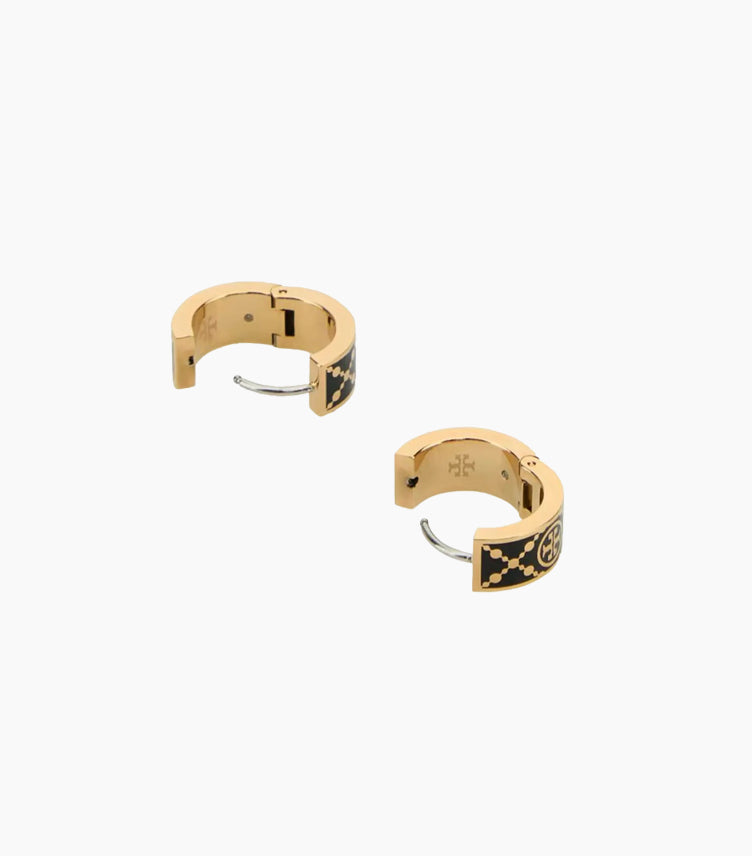 TORY BURCH BLACK AND GOLD T-MONOGRAM HUGGIE EARRINGS