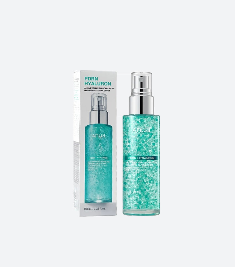 Anua PDRN Hyaluron Hydrating Capsule Mist 100ml – Teal Clear Bottle with Visible Blue Hyaluronic Acid Capsules and Silver Pump Spray Nozzle with Matching White Box – K-Beauty Korean Skincare Face Mist Product Shot