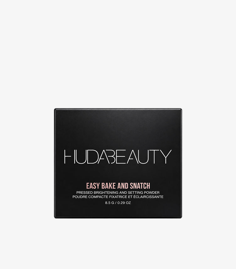 Huda Beauty Easy Bake and Snatch Pressed Brightening and Setting Powder 8.5g in black branded compact packaging for smooth, soft-focus makeup.