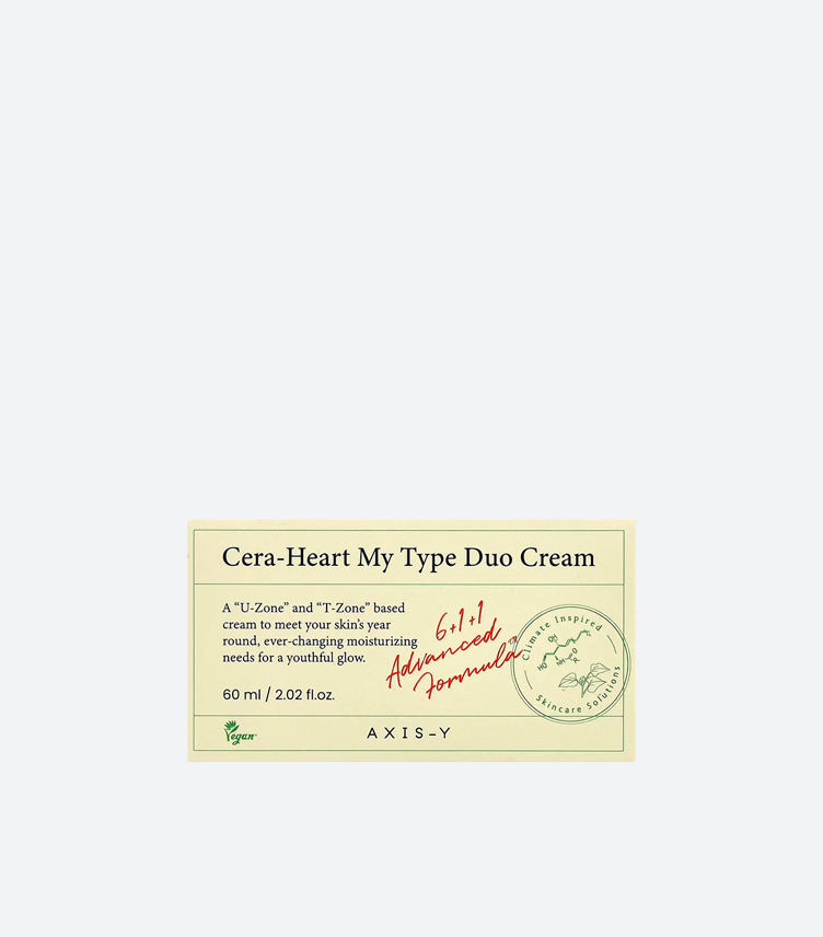 AXIS-Y Cera-Heart My Type Duo Cream 60ml Product Label Showing U-Zone and T-Zone Dual Moisturising Formula 6+1+1 Advanced Vegan Climate Inspired Skincare Solution Description