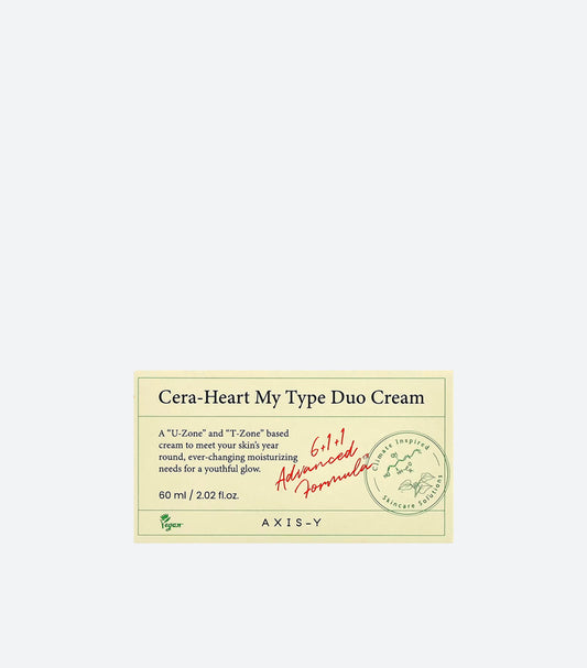 AXIS-Y Cera-Heart My Type Duo Cream 60ml Product Label Showing U-Zone and T-Zone Dual Moisturising Formula 6+1+1 Advanced Vegan Climate Inspired Skincare Solution Description