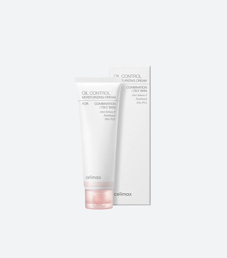 Celimax Oil Control Moisturizing Cream for Combination and Oily Skin – White Squeeze Tube with Pink Cap and Matching Box Showing Anti Sebum P Panthenol Zinc PCA Formula – K-Beauty Korean Skincare Product Shot