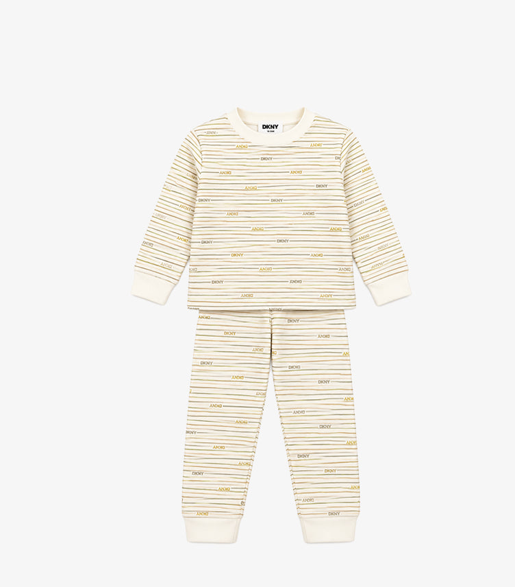 DKNY kids’ cream two-piece pyjama set with a striped logo-print long-sleeve top and matching cuffed trousers