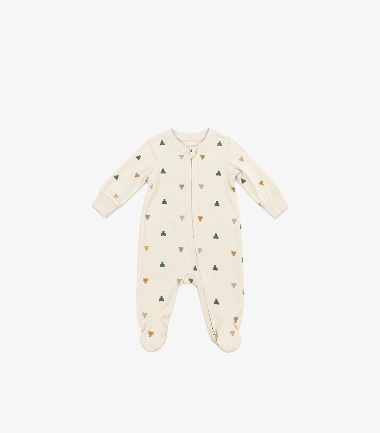Front product view of GAP baby cream bear print zip-up sleepsuit with enclosed feet and ribbed cuffs