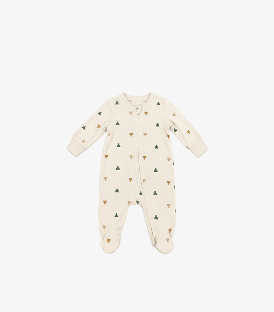 Front product view of GAP baby cream bear print zip-up sleepsuit with enclosed feet and ribbed cuffs