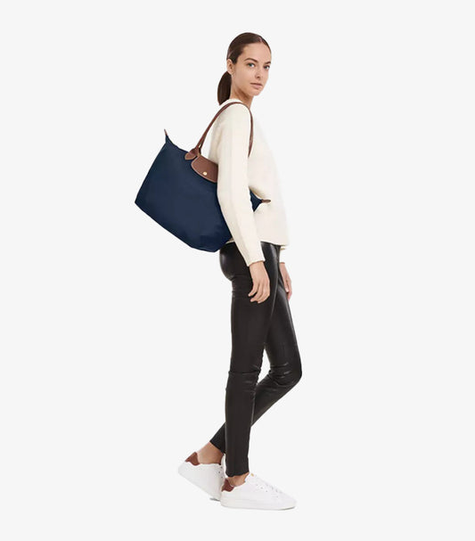 Longchamp Le Pliage Original L Tote – zip and snap closure detail with tan leather flap | A&B Imported UK