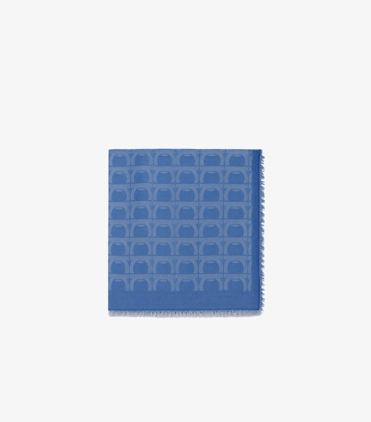 SALVATORE FERRAGAMO GANCINI SILK JACQUARD SCARF – COBALT BLUE | ALL-OVER LOGO MONOGRAM | FRINGE TRIM SHAWL | WOMEN'S LUXURY ITALIAN DESIGNER SCARF