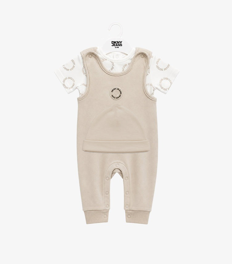 DKNY JEANS BABY BOYS’ BEIGE DUNGAREE & LOGO T-SHIRT SET