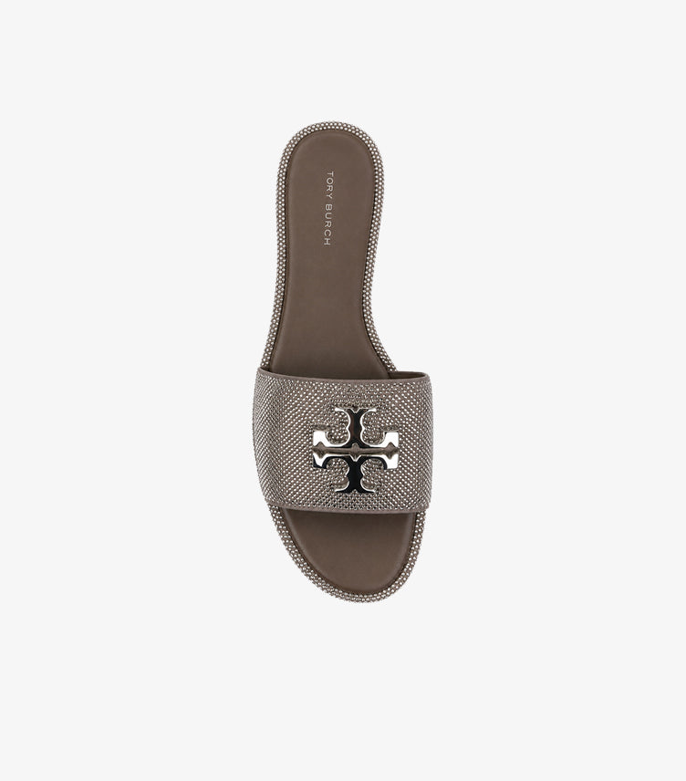 Tory Burch Eleanor crystal flat slide sandal top-down view showing allover rhinestone strap silver double-T logo and TORY BURCH branded insole