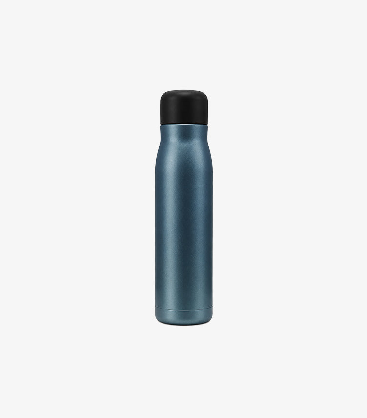 Front view of Pioneer 500ml matt blue stainless-steel vacuum-insulated drinks bottle with black cap