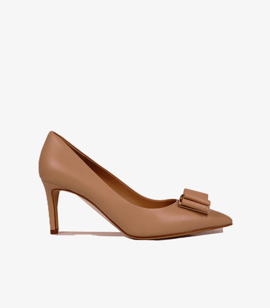 FERRAGAMO BOW DETAIL LEATHER HEEL PUMPS