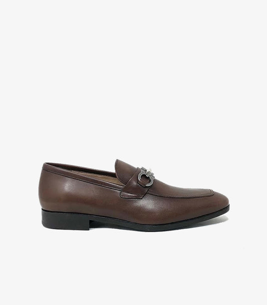 FERRAGAMO BROWN LEATHER GANCINI LOAFERS